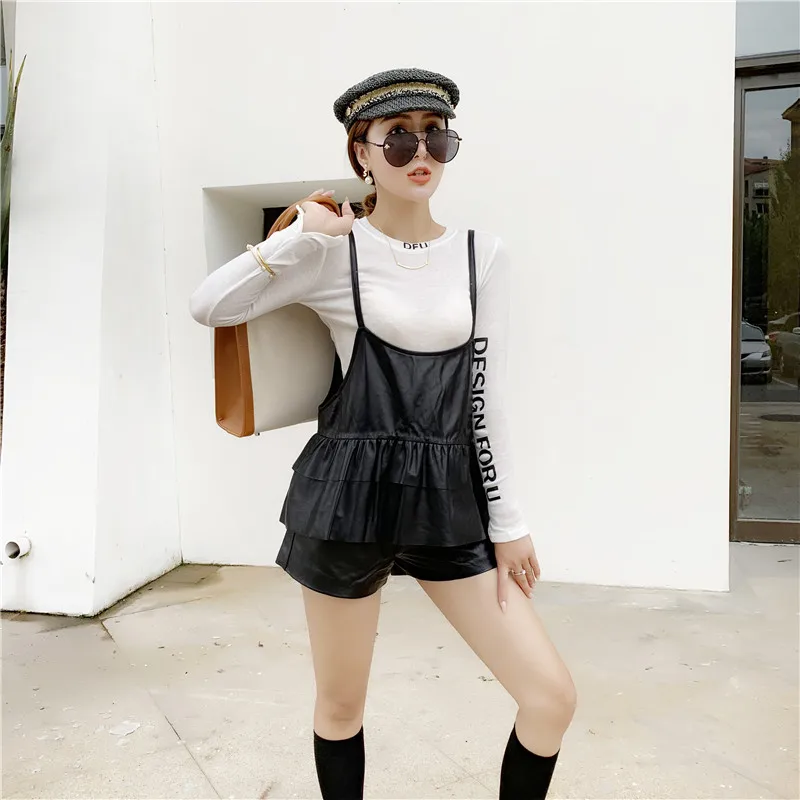 Genuine Leather Camis Black Minimalist Ruffles Hem Sleeveless Strap Sheepskin Tops Women Autumn Winter Casual Solid Top Shirts