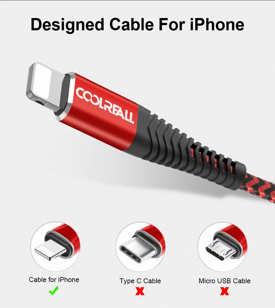 Coolreall USB Cable for iPhone 11 pro max Xr X 8 7 6 plus 6s 5 s plus iPad 2.4A Fast Charging Cable Cord Mobile Phone Data Cable