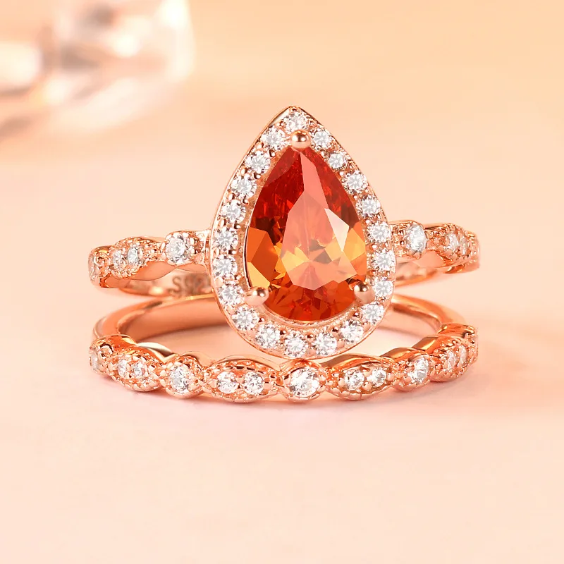 

Exquisite 925 Standard Silver Water Drop Shape Champagne Gemstone Wedding Ring Set Bride Engagement Jewelry Gifts