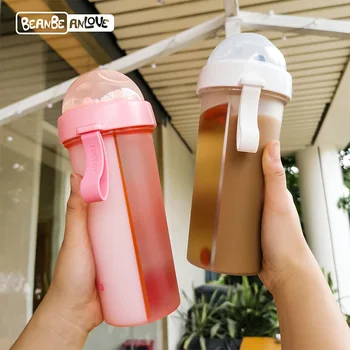 

Creative Dual Purpose Straw Cup Simple Plastic Frosted Separate Drinking Bottle Juice Milk Cup Outdoor Portable Straight Bottles