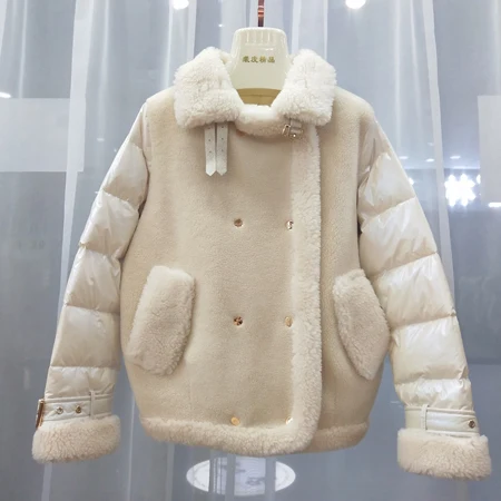 abrigo mujer down jacket women winter korean sheep fur coat wool blends turn-down collar thick warm outerwear veste femme - Цвет: beige