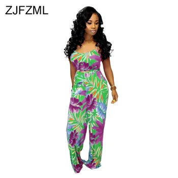 

Leaves Print Sexy Wide Leg Bodysuit Women Straped Backless One Piece Plus Size Jumpsuit V-Neck Sleeveless Loose Beach Playsuit