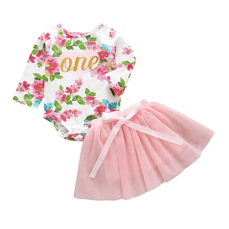 

Sweet Newborn Baby Girls Floral Tops One Romper Tulle Tutu Skirts Outfits Pink Autumn Baby Set Clothes