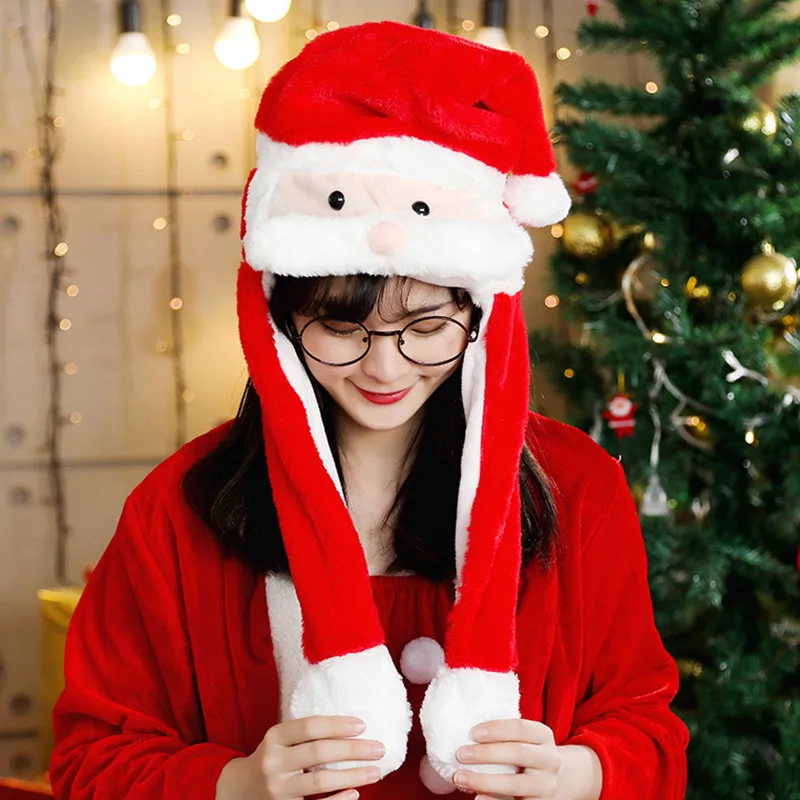MeetLife Moving Christmas Reindeer Ears Hat Hand Pinching Ear To Move Santa Claus Beard Cap Funny Gift for Women Kids Plush 4