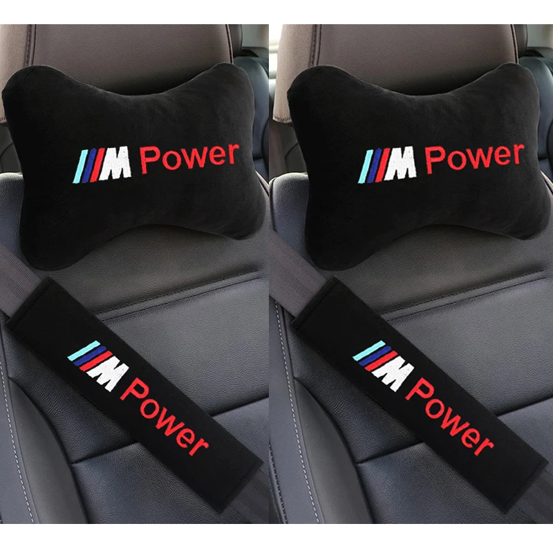 4pcs Car Neck Pillow Headrest Rest Support Cushion &amp Seat Belt Shoulder Strap Pad for BMW M POWER M3 M5 Auto Styling Accessories |
