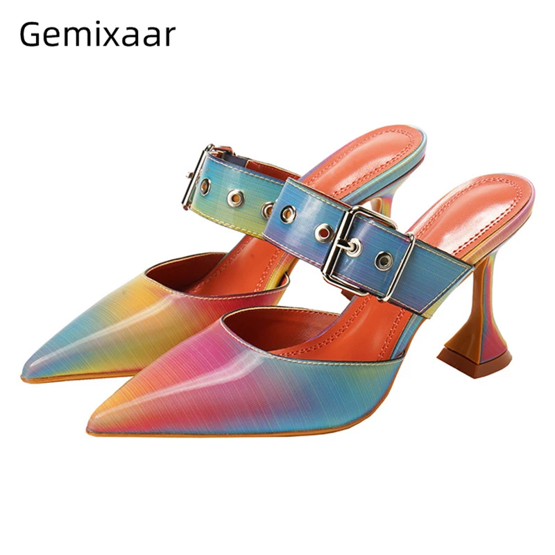 

Colorful Rainbow Point Toe Summer Shoes Woman Unique Goblet Heel Buckle Belt Slingback 2020 New Design Gladiator Sandals Women