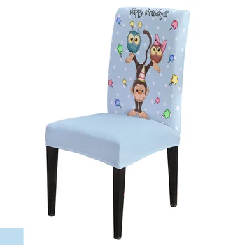 

Cartoon Owl Monkey Happy Birthday Chair Cover for Dining Room Chairs Covers High Back Living Room Chair Cover for Home Kitchen