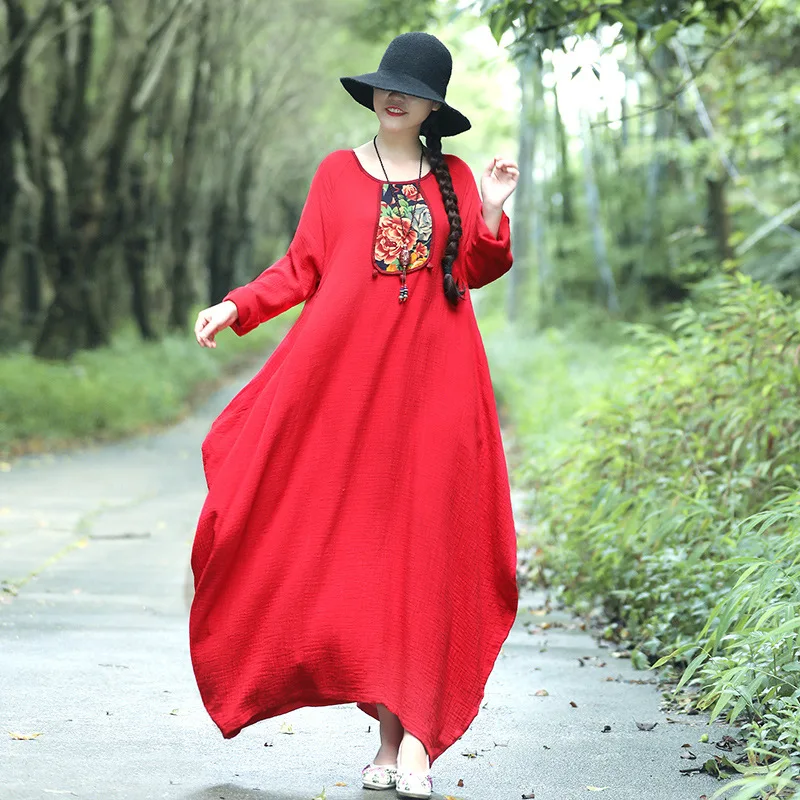 

2018 Autumn And Winter New Style Ethnic-Style Large Size Crew Neck Applique Frog Long-sleeved Dress Women's