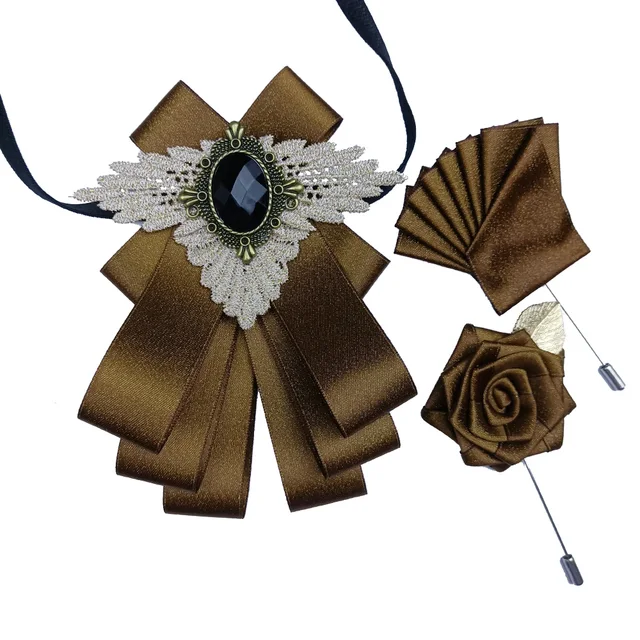 British New Fashion Men's Wedding Performance Groom Wedding-Party Flower Collar Bow Tie Pocket Towel Square Set Men Accessories COFFE SET