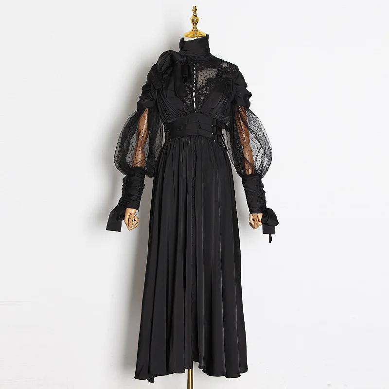 Весеннее винтажное длинное платье с рукавами-фонариками и бантом из сетки, длинное женское платье, элегантное дизайнерское платье для подиума
