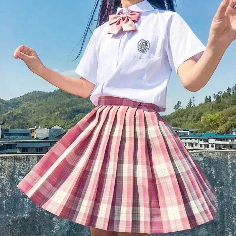 

2020 JK Plaid Printed Pink Japanese School Uniforms Short Skirt Tops Short Sleeve Girls Sailor Pleated Skirt Sets Autumn Summer