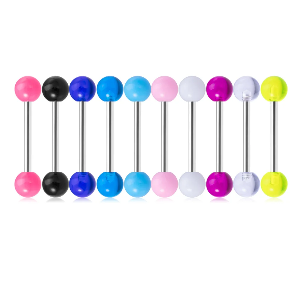 Tongue Rings 10PCS Colorful Acrylic Ball 14g Surgical Steel Straight for Women Body Piercing Jewelry
