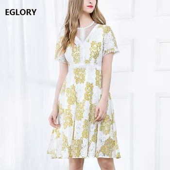 

Lace Dress 2020 Summer High Quality Women Sexy Sheer Mesh Patchwork Short Sleeve Slim Fitted A-Line Yellow Green Dress Vestidos