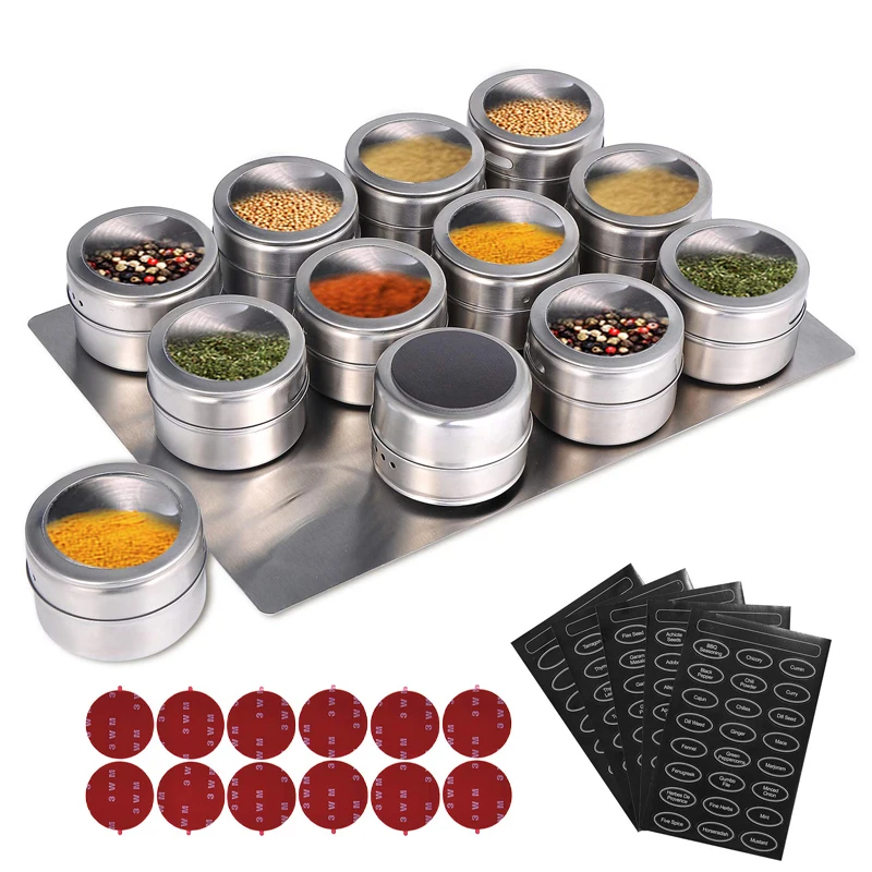 Tarros de especias magnéticos LMETJMA con estante montado en la pared latas de especias de acero inoxidable contenedores de especias con etiqueta de especias KC0305|Pimentero y especiero|   - AliExpress