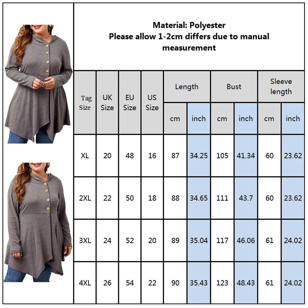 4XL размера плюс, Женская толстовка с неровным подолом, толстовка с капюшоном, весенний Повседневный Однотонный пуловер с капюшоном на пуговицах, bluzy damskie