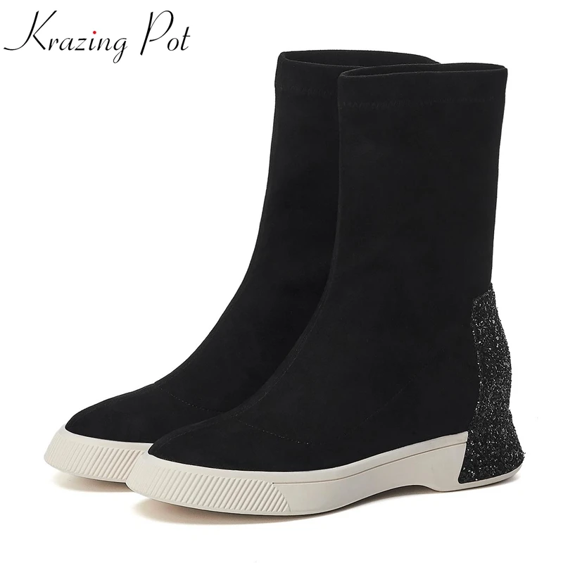 

krazing pot new flock material bling decoration solid color rock round toe winter med heels keep warm stretch mid-calf boots l52