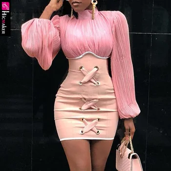 

Women Pleated Long Sleeve Lace Up Splicing Bodycon Dress High Neck Chic Spring Fall Street Wear Party Vestido