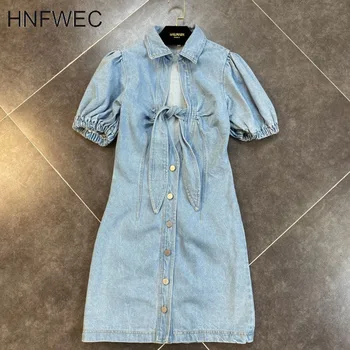 

2020 Summer New Arrivals Short Puff Sleeve Turn Down Collar Bow Bandage Hollow Out Denim Dress Women T350