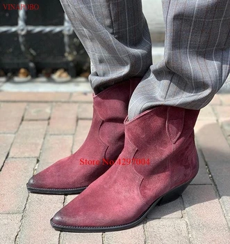 

Khaki Leather Boots Women Genuine leather Pointed Toe Chunky Heel Ankle Boots Thick Square High Heel Slip On Western Boots Cowboy Boots Women