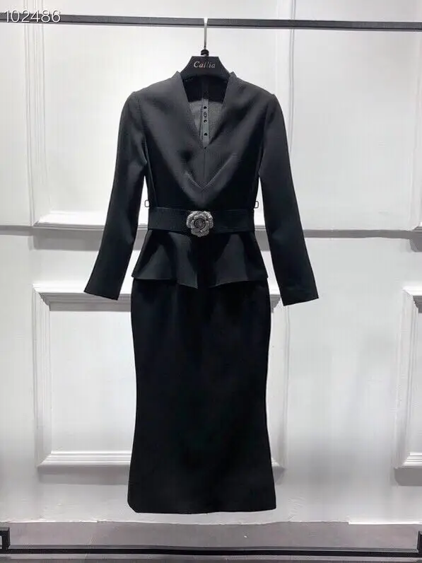 black XXL платье Vestidos весна лето вечерние платья миди для женщин v-образный вырез цветочный пояс пэчворк длинный рукав облегающее платье OL - Цвет: black