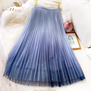 

SISHION Gradient Color Mesh Skirt Female 2020 Spring and Summer Long Pleated Skirt WF0066 Elegant Pink Brown Tulle Skirts