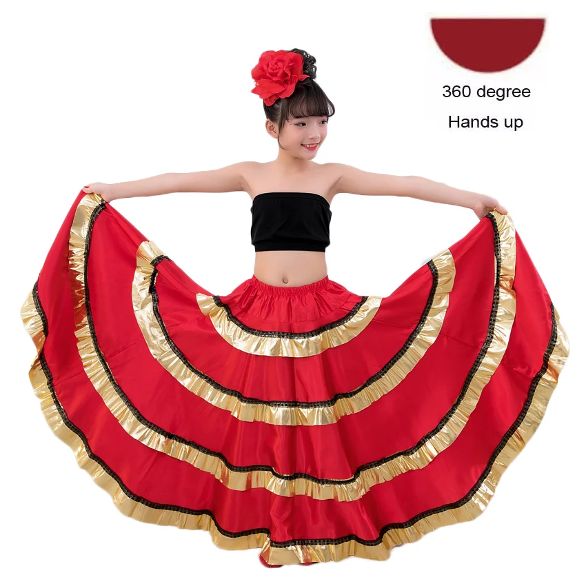 360 Degree Skirt Детская юбка фламенко, испанский бой быков, танцевальное платье, цыганская одежда для выступлений, Женская сценическая одежда, женский красный атласный костюм - Цвет: 360 Degree Skirt