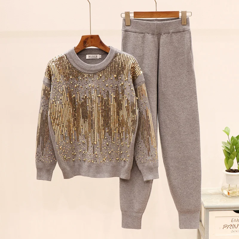 

Winter Sequines Sweaters Pants Suit Beading Knitted Pullover Tops +Trousers Pants 2PCS Sets Tracksuits Clothing Set