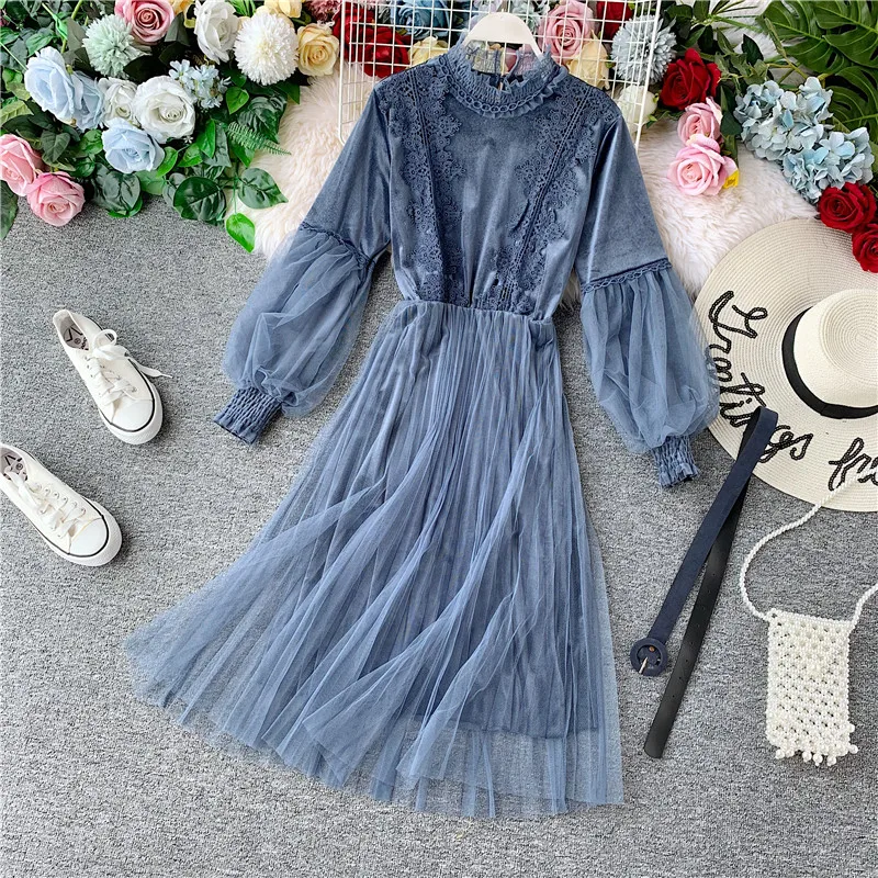 

Lace Velvet Dress Long Sleeve Mesh Vintage Autumn Midi Elegant Korean Tunic Pink Black Large Plus Size Dress Women Vestidos