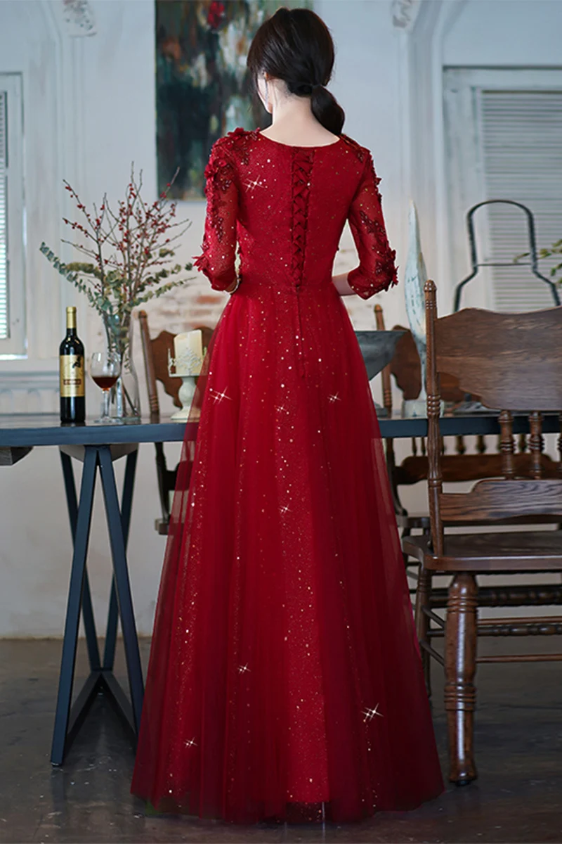 Wine Red Modest Evening Dresses With 3/4 Sleeves 2021 Luxury Appliques A-line Floor-length Women Formal Gowns For Wedding Party