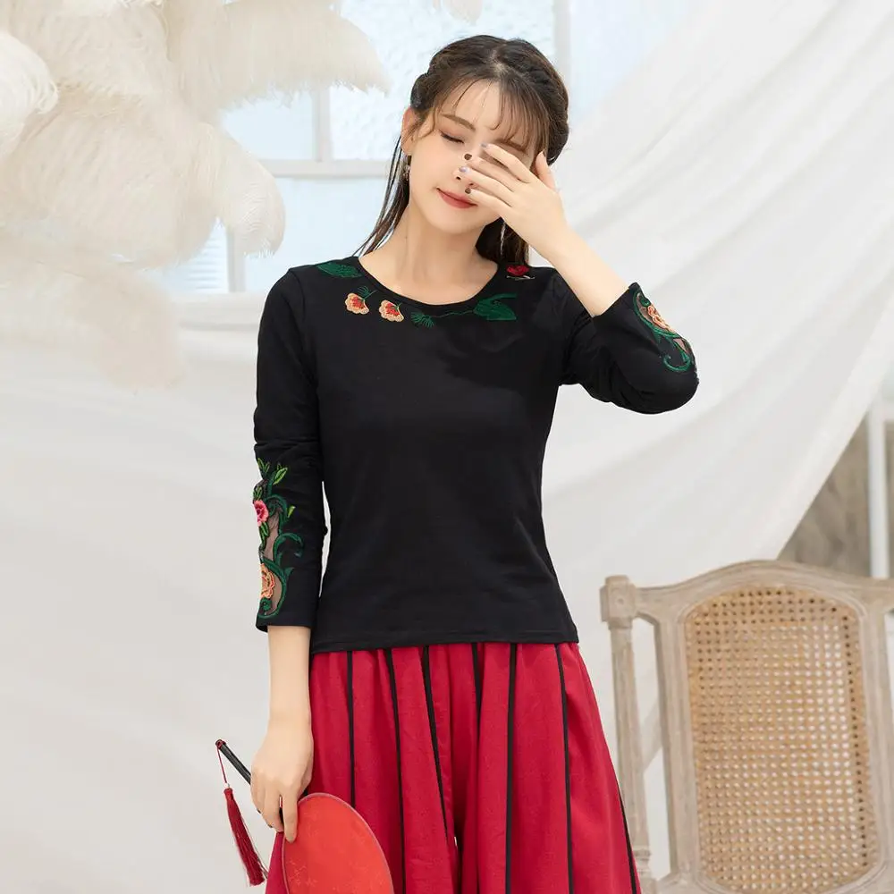 KYQIAO Этническая футболка Женская Осень Зима винтажный дизайн длинный рукав Зеленый Белый Черный Красный вышивка рубашка майка - Цвет: Черный