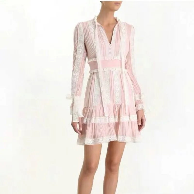 

2019 New Runway self portrait Pleated Dress Pink Patchwork Ruffles dress Long Sleeve Fashion Autumn High Waist V Neck dresses