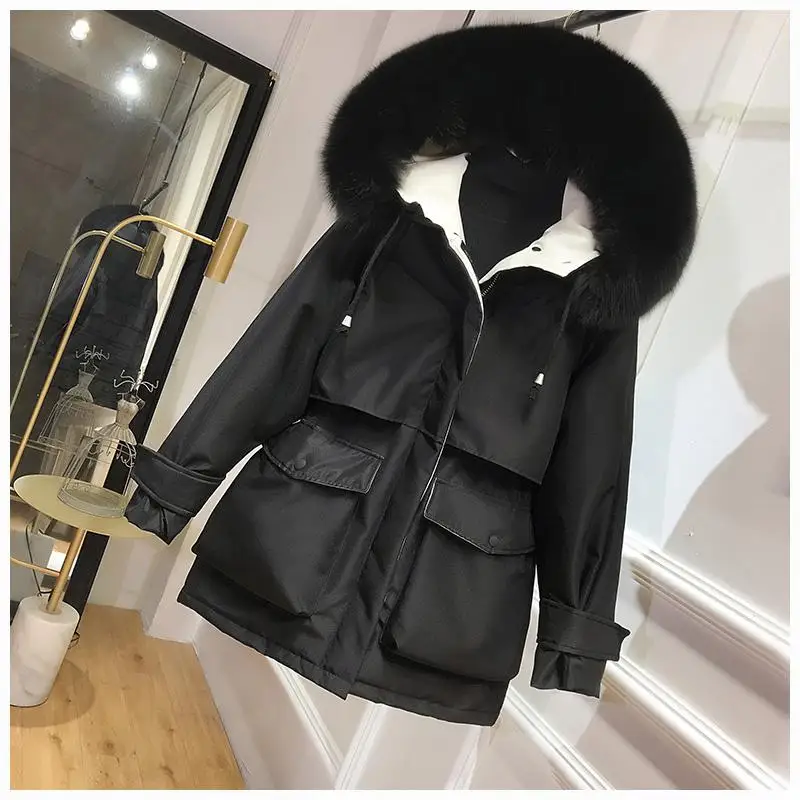 Fitaylor парки на белом утином пуху, зимняя куртка, женское теплое пальто с мехом, Женское пальто с капюшоном и поясом, большой размер - Цвет: Black Faux Fur