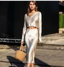 2020 New Summer Spring Satin 2 piece set Casual Crop-top + Midi Skirt Vintage Like Silk Smooth Women elegant Mactching sets