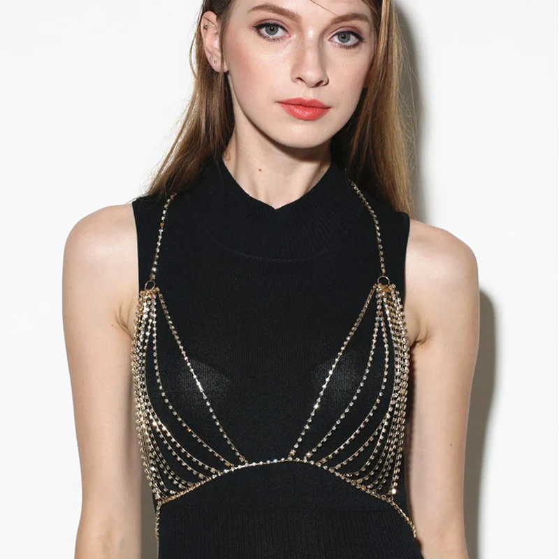 Sexy Body Chain Bikini Bra Chain Sparkling Rhinestone Harness Body Jewelry for Women Beach Breast Bra Crystal Bralette NL280