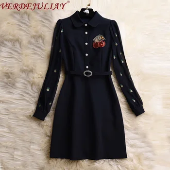 

VERDEJULIAY Autumn Fashion Runway Dress Women's Mesh Lantern Sleeve Sequined Button Belt Fruit Print Blue/White Party Dress