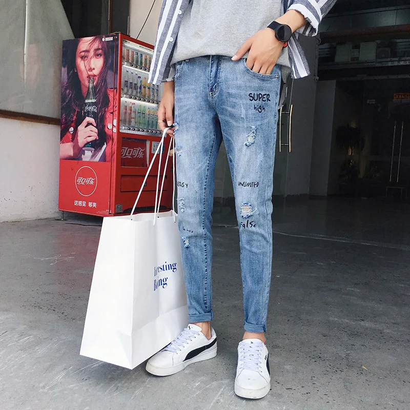 

19 Spring And Summer Korean-style CHIC Trend Skinny Jeans Elasticity Faded with Holes Capri Jeans-P40