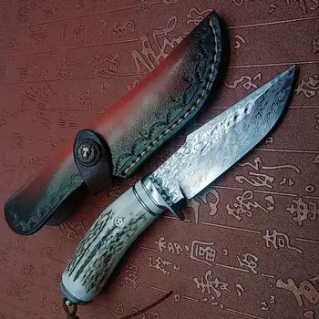 

Japanese Damascus steel tactical knife, hunting knife wilderness camping rescue straight knife + antlers handle