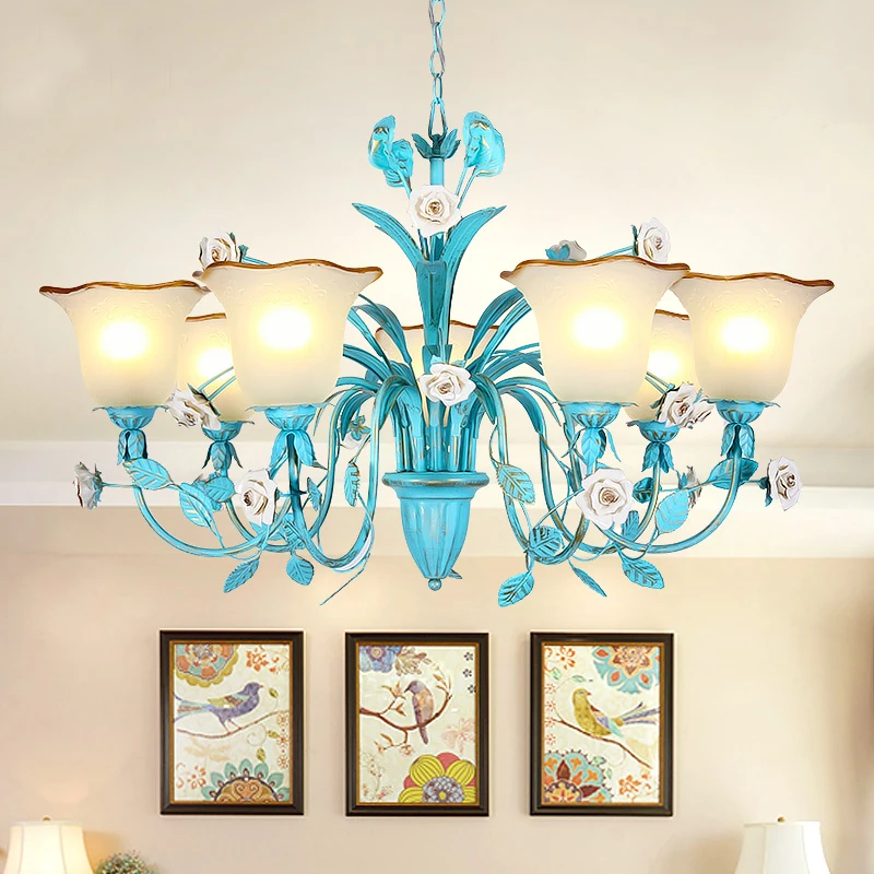 

Mediterranean Blue Flower LED Pendant chandeliers Rose Lighting fixtures living room Hotel Girls bedroom hanging lights Lamp D75
