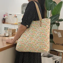 

Cotton Floral Women's Shoulder Bag Large Capacity Fabric Tote Leather Handle Thickened Handbag Mommy Handbag Book Bags For Girls
