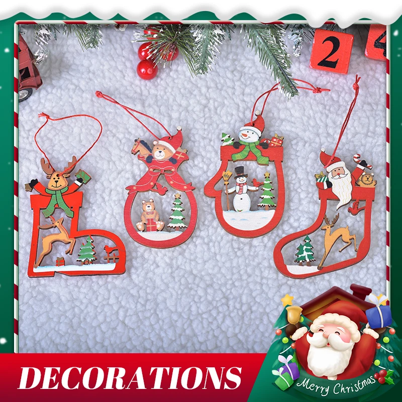 

Cute Christmas Decoration Wooden Hollow Snowflake Santa Claus Ornaments Christmas Tree Bells Stereoscopic Pendants New Year Gift