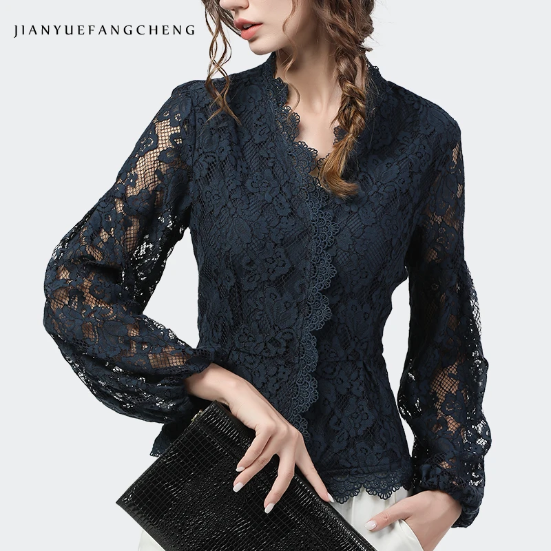 Women Lace Blouses Close-fitting Tops Long Sleeve
