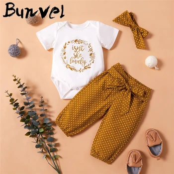 

bunvel 3pcs Pants+Headband+Romper Clothes Outfits Bow Headband Doting Printing Toddler Kids Baby Girls Romper Dropshipping 45