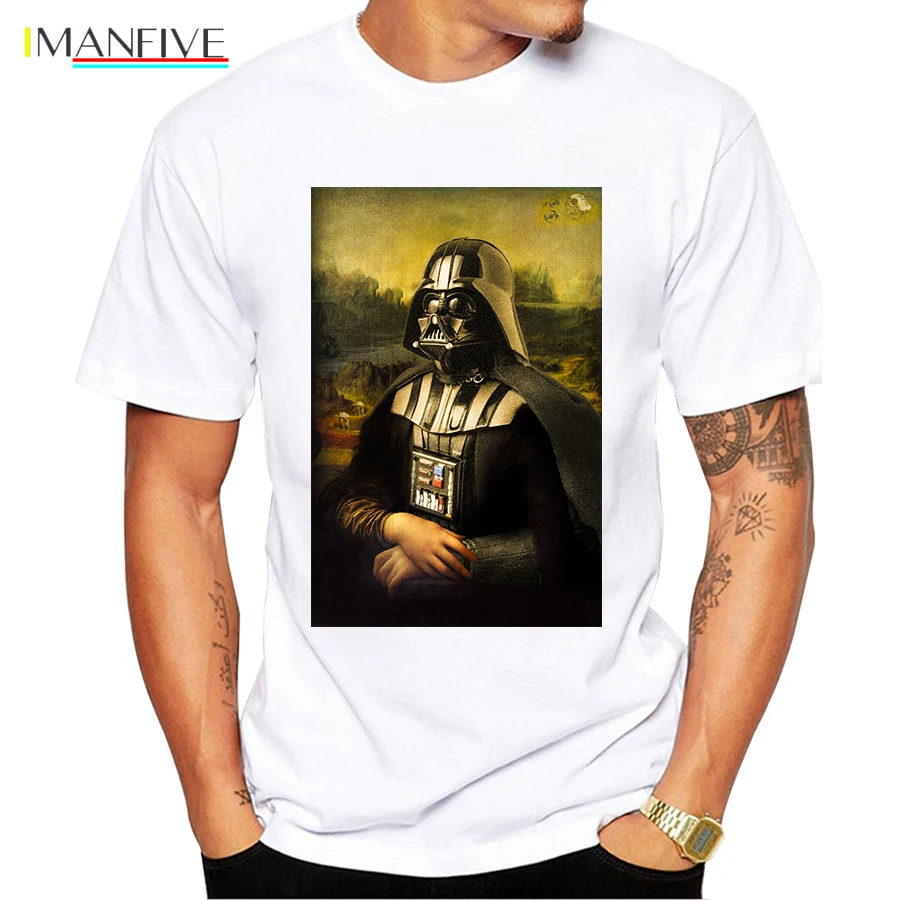 cheap Men Fashion Funny Darth Vader Mona Lisa Printed T Shirt Short Sleeve Tops Popular Customized T Shirt Novelty Harajuku Streetwear