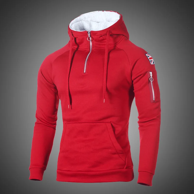 

Hip Hop Zipper Hooded Sweatshirt Men 2019 Spring Casual Flag Print Pullover Hoodies Sweatshirts Male Solid Streetswear Red Black