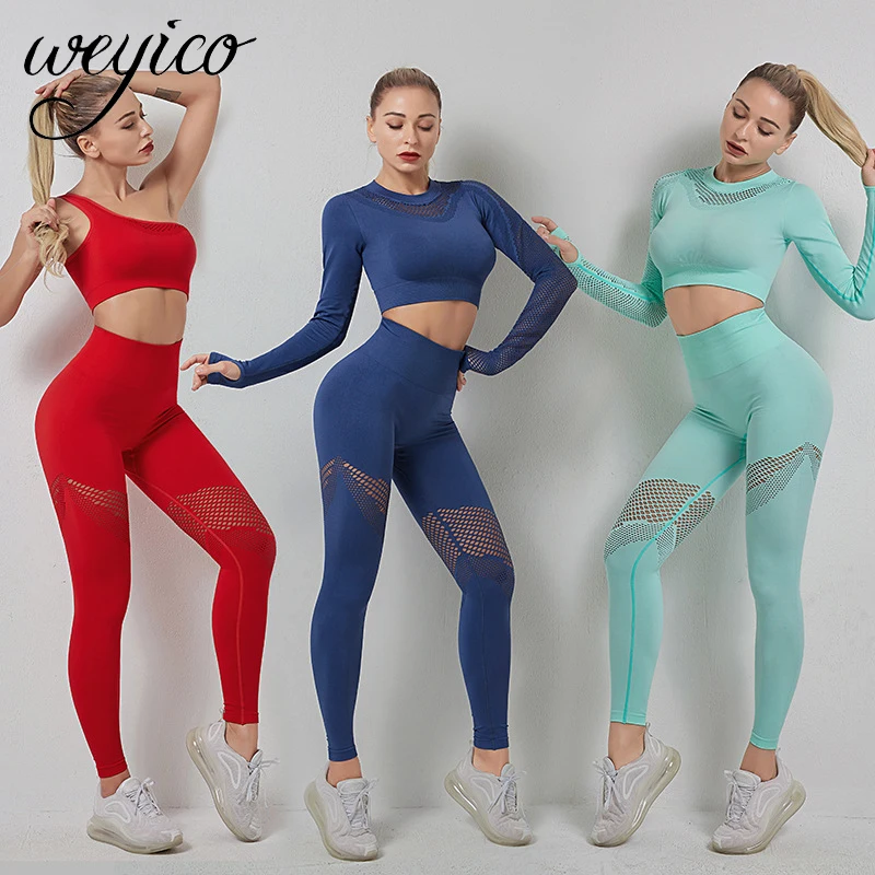 Yoga Set Women SportWear Seamless Fitness Suits Female Gym Clothing Legging One shoulder 2 pieces Workout Sport Clothes | Спорт и