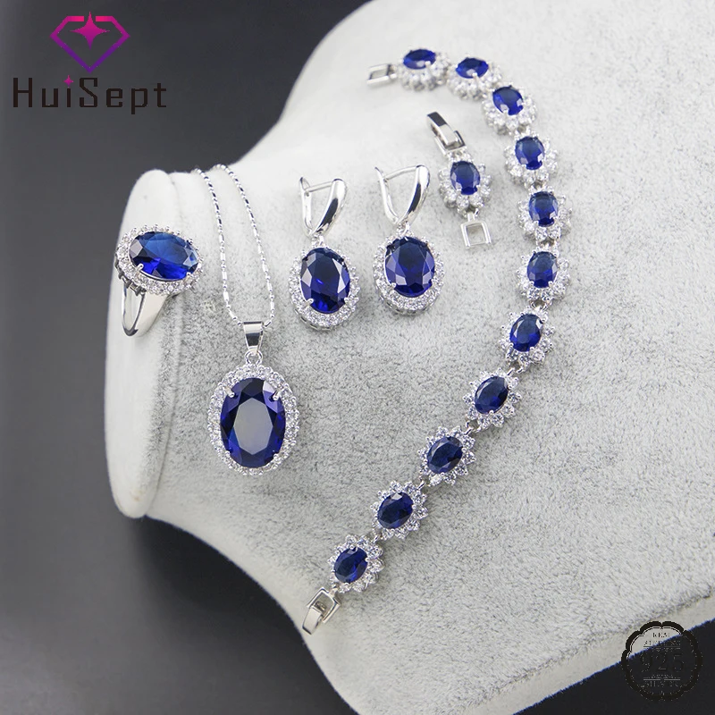 

HuiSept Ring Earrings Necklace Bracelet 925 Silver Jewelry Set Oval Shape Zircon Gemstone Accessories for Women Wedding Party