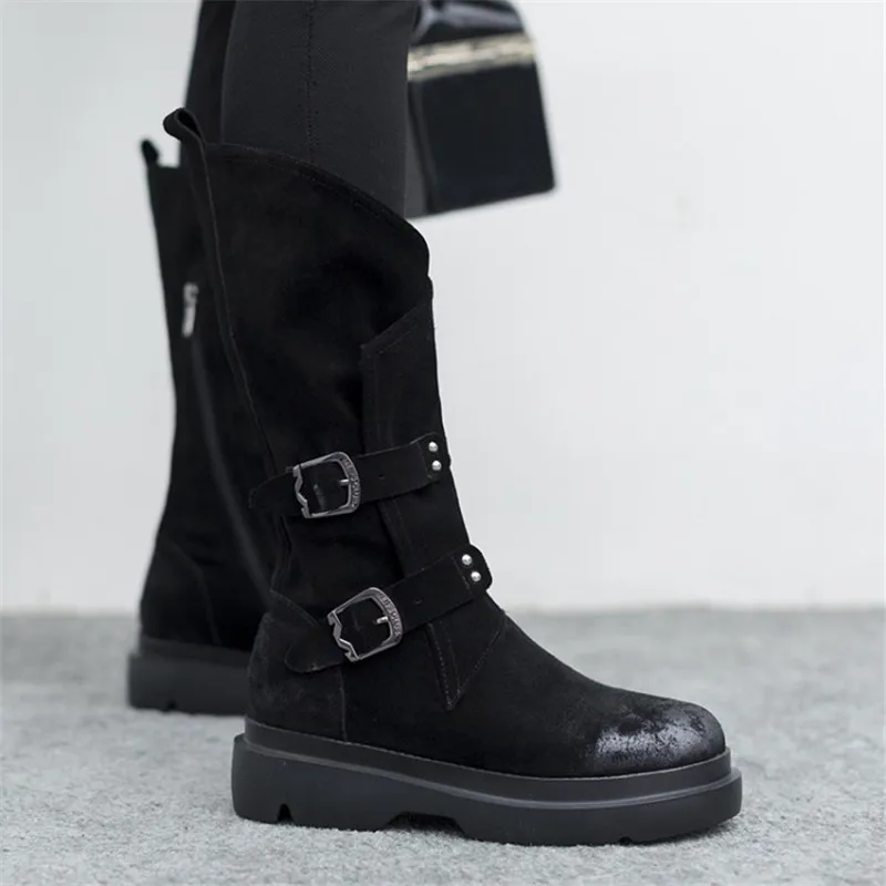 ASUMER Newest mid calf boots women suede leather buckle zip flat platform shoes autumn winter Motorcycle Boots female