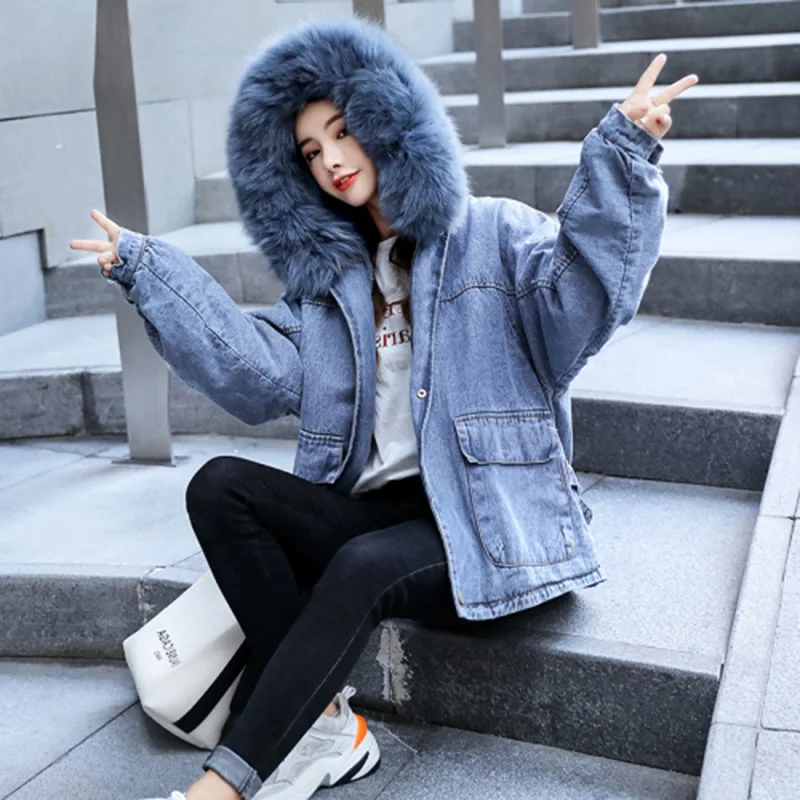 

Women's Thick Denim Jacket with Rabbit Fur Collar Hooded Winter 2019 Warm Velvet Denim Coat Female Loose Jeans Padded Jackets