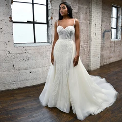 African Strapless Spaghetti Strap Wedding Dresses for Brida Sleeveless Floor-Length Sweep Train Ivory Bridal Gowns  Embroidery