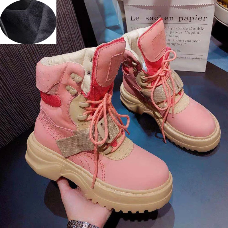 pink Velvet Ботинки из натуральной кожи высокого качества; ботильоны; кожаные ботинки с ремешком и пряжкой; обувь на платформе и каблуке с круглым носком; зимняя обувь на шнуровке - Цвет: pink Velvet